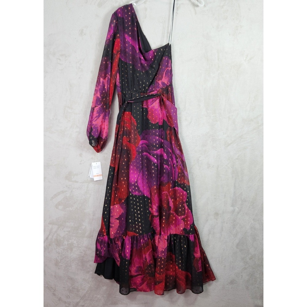 Taylor One Shoulder Floral Maxi Dress Womens 2 Black Pink Metallic Clip Dot - Picture 4 of 10